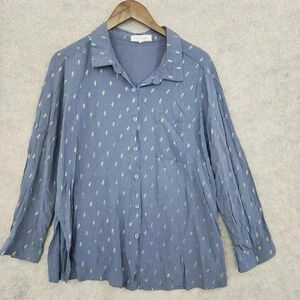 Solitaire Womens Blue Button-Up Shirt Printed Gold Rayon- Size L 14PT